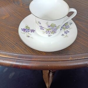 Floral White and Purple Teacup and Saucer Set